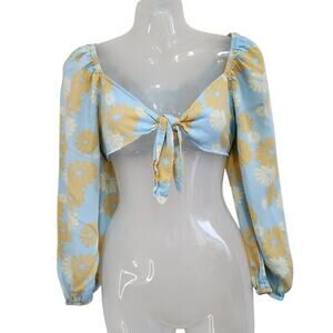 Live To Be Spoiled Long Sleeve Crop Top V-Neck Tie Bow Floral Blue Orange Small